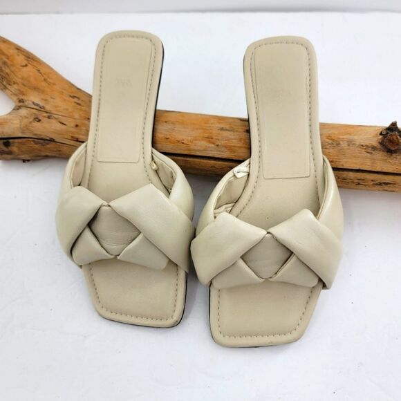 Zara bone color twisted knotted faux leather slides - Picture 1 of 5